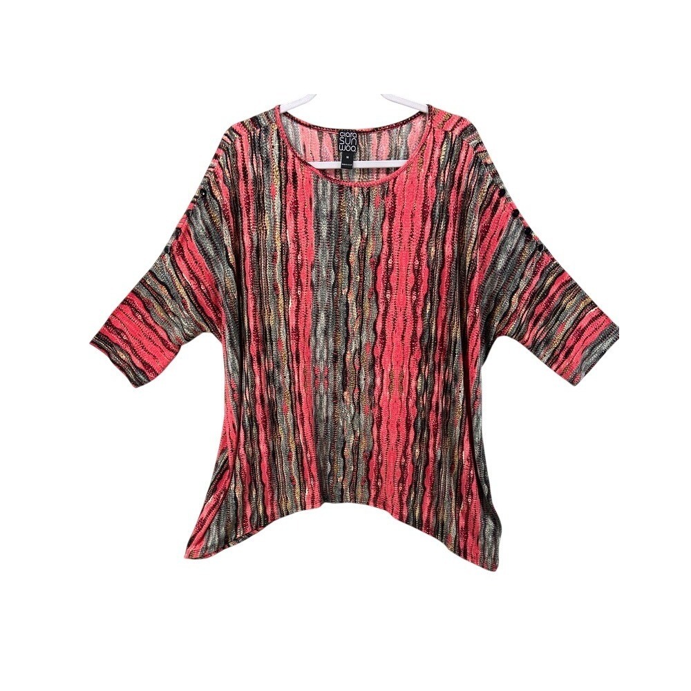 Clara Sunwoo Shirt Womens Sz M Sharkbite Pink‎ Stripe Button Shoulder Dolman